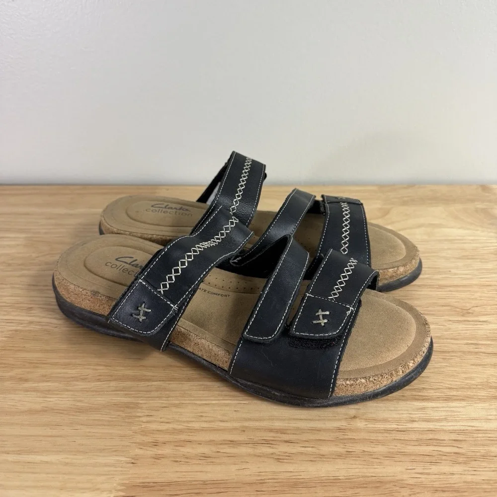 Clarks Women's Roseville Bay Leather Slip On Slide Sandals Black Size 10